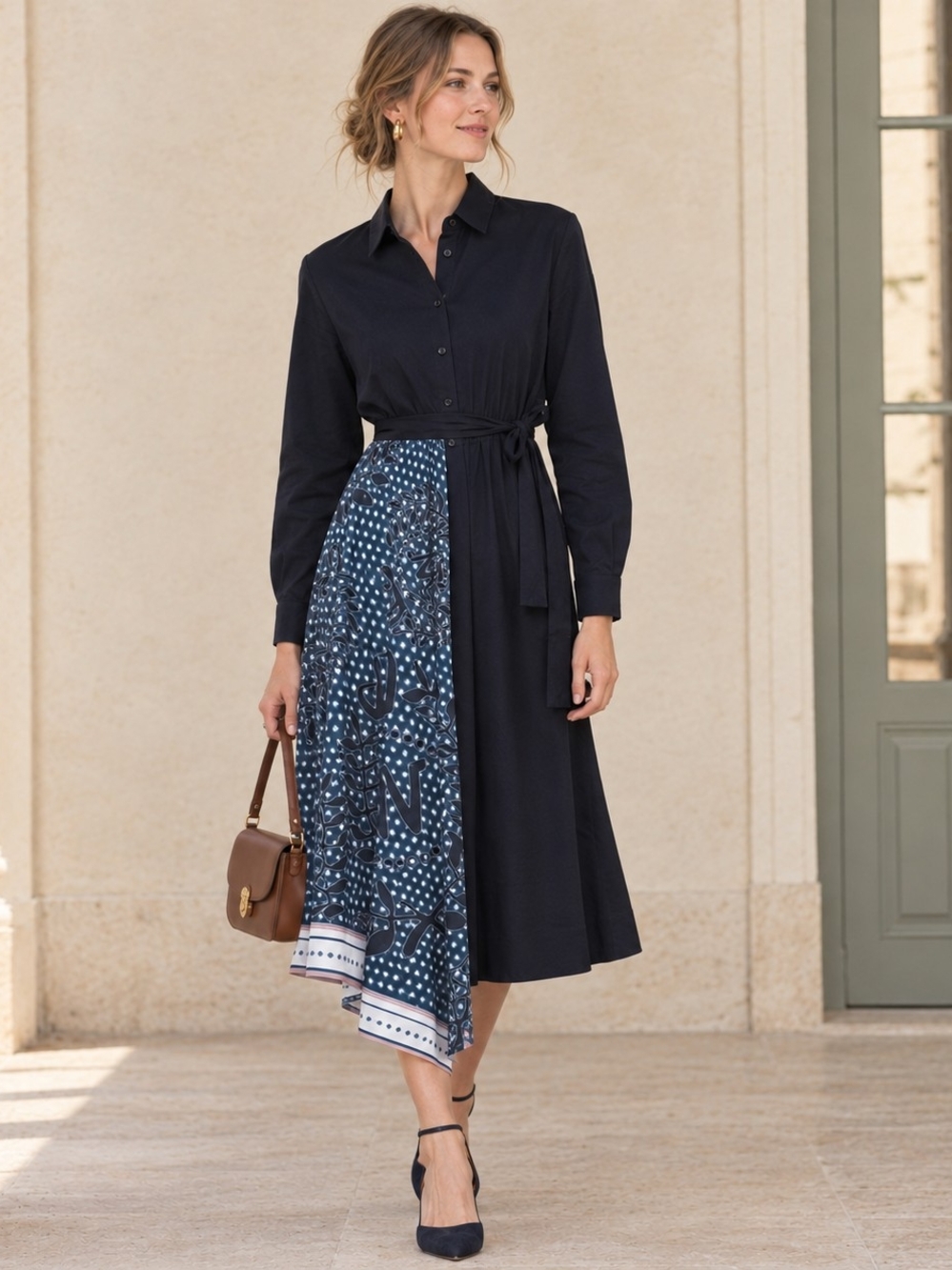 Weekend Max Mara Navy and Blue Printed Panel Midi Skirt